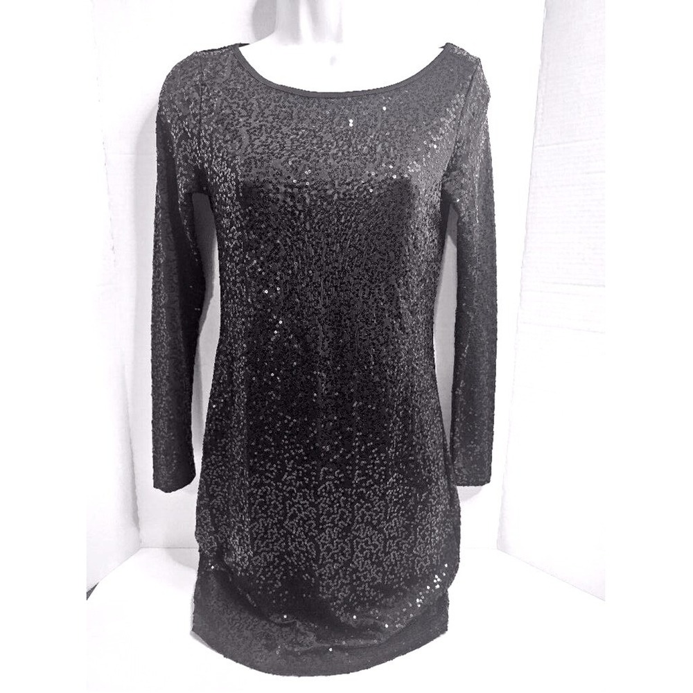Kensie Full Sequin Cocktail Dress Stretch Long Sleeve Sz. XS Blackโ LBD After 5